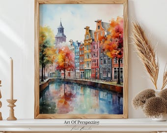 Amsterdam Cityscape Oil Painting: Netherlands Houses Printable Art (Digital Download)