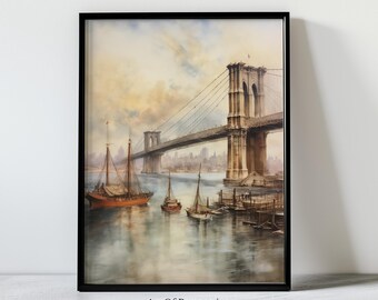 Vintage Brooklyn Bridge Art Print: 19e-eeuws stadsgezicht van New York (digitale download)