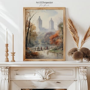 Vintage Central Park Cityscape | New York Architecture Oil Painting |Printable Download
