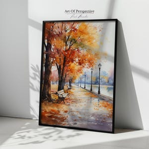 Rainy Park Fall Wall Art | Moody Fall Printable Wall Art Antique Fall Town Painting | Printable Download