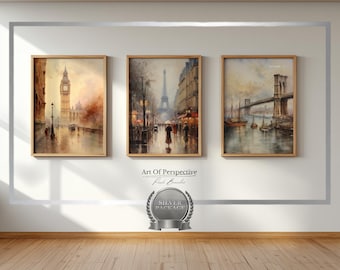 Paris, London & New York Cityscape Art Prints – Urban Landscape Set (Digital Download)