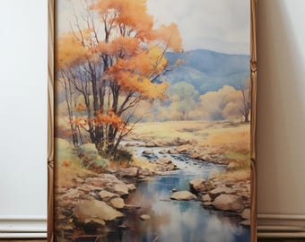 ヴィンテージの秋の風景油絵：素朴なアースカラー（印刷可能なダウンロード）