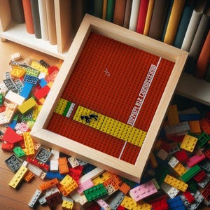 Könnte beinhalten: Ein gerahmter Druck eines roten, gelben und grünen Lego-Designs mit dem Text "Ferrari 812 Competizione".