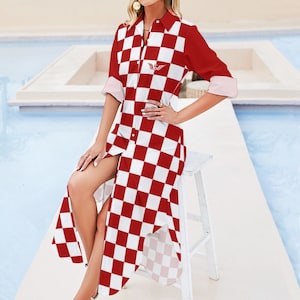 Button Up Long Sleeve Shirt Dress in Croatian Style Checkered Long Sleeve Shirt Dress Elegant Style Red and White Dress Croatian Gift image 1