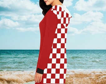 Women's Hoodie Mini Dress in Croatian Style | Asymmetric Checkered Pattern Hoodie Mini Dress | Women's Red and White Hoodie | Hoodie Dress