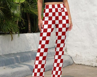 Checkered Flared Pants in Croatian Style | Croatian Gift | Croatian Design Red and White Women Pants | Fashionable Flared Pants