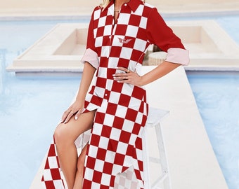 Button Up Long Sleeve Shirt Dress in Croatian Style | Checkered Long Sleeve Shirt Dress | Elegant Style Red and White Dress | Croatian Gift