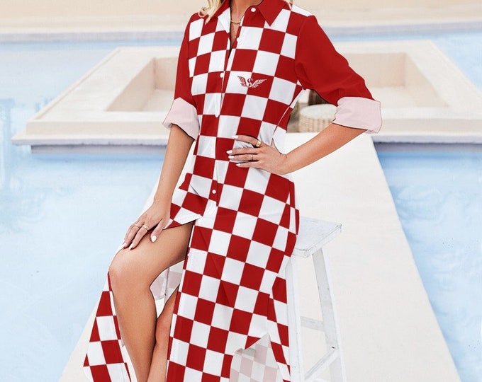 Featured listing image: Button Up Long Sleeve Shirt Dress in Croatian Style | Checkered Long Sleeve Shirt Dress | Elegant Style Red and White Dress | Croatian Gift