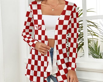 Croatian Style Women&#39;s Knitted Cardigan | Red and White Checkered Knitted Cardigan | Croatian Gift | Gift for Wife