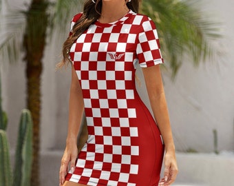 Crew Neck Short Sleeve Dress in Croatian Design | Checkered Short Sleeve Dress | Croatian Style Dress | Sexy Croatian Dress | Croatian Gift