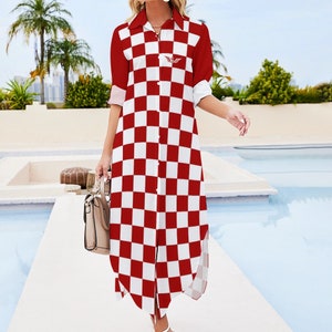 Button Up Long Sleeve Shirt Dress in Croatian Style Checkered Long Sleeve Shirt Dress Elegant Style Red and White Dress Croatian Gift image 2