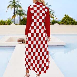 Button Up Long Sleeve Shirt Dress in Croatian Style Checkered Long Sleeve Shirt Dress Elegant Style Red and White Dress Croatian Gift image 3