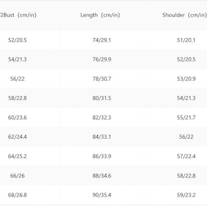 May include: Size chart showing measurements in inches and centimeters for a garment. The chart includes sizes S through 6XL, with measurements for bust, length, shoulder, and sleeve.