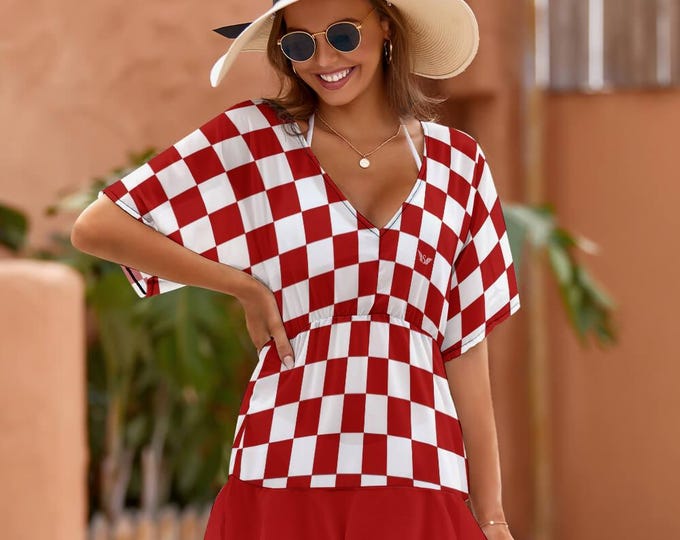 Featured listing image: Women's One Piece Dress | Croatian Checkered Dress | Red White Smock Dress | Short Sleeve Cover Up | Croatian Gift | Beach Summer Dress