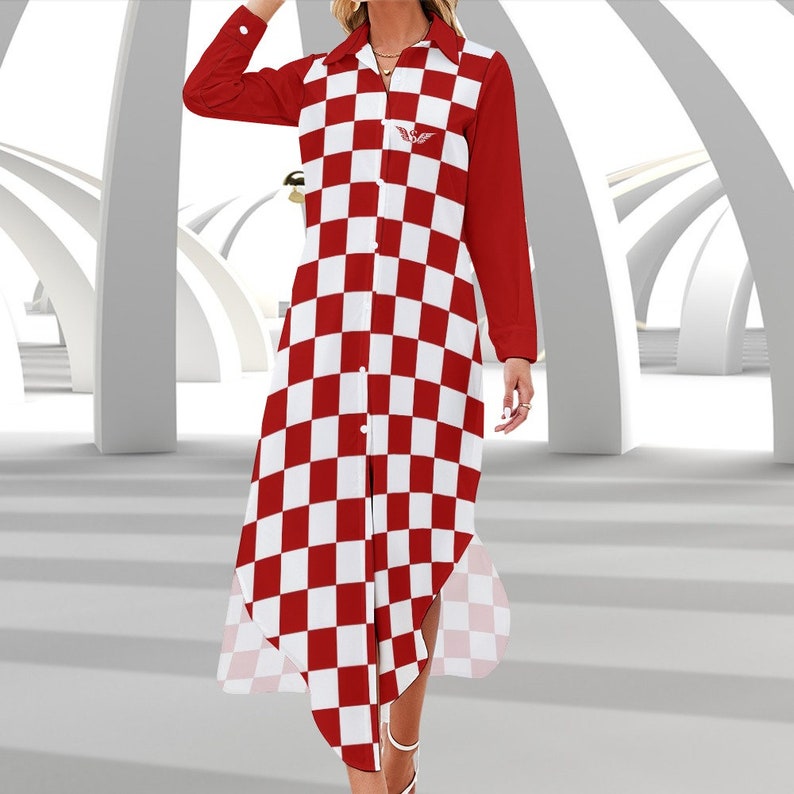 Button Up Long Sleeve Shirt Dress in Croatian Style Checkered Long Sleeve Shirt Dress Elegant Style Red and White Dress Croatian Gift image 4