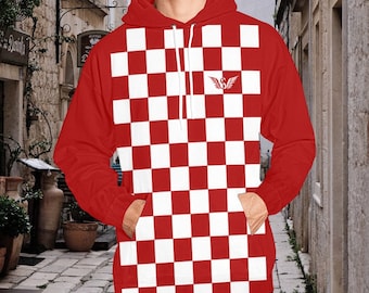 Men's Croatian Checkered Style Hoodie | Croatian Gift | Red and White Trendy Hoodie | Men's Fashionable Hoodie | Urban Hoodie