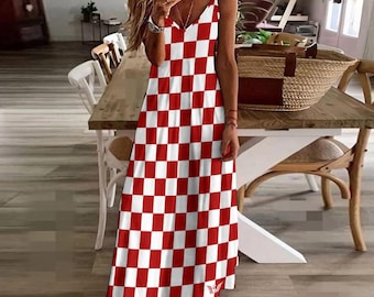 Croatian Checkered Maxi Dress: Summer Ankle Sling Dress