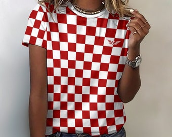 Women's 100% Cotton T-Shirt With Croatian Red and White Checkered Design | Croatian Gift | Croatian Style Cotton Shirt For Women