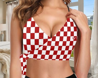 Knot Side Bikini Top Designed in Croatian Style | Croatian Red and White Checkered Bikini Top | Sexy Bikini Top | Croatian Gift