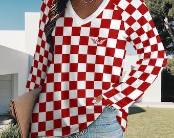 Women&#39;s Long Sleeve Loose Tee in Croatian Style | Croatian Design Long Sleeve T-Shirt | Long Sleeves Red and White Tee | Croatian Gift
