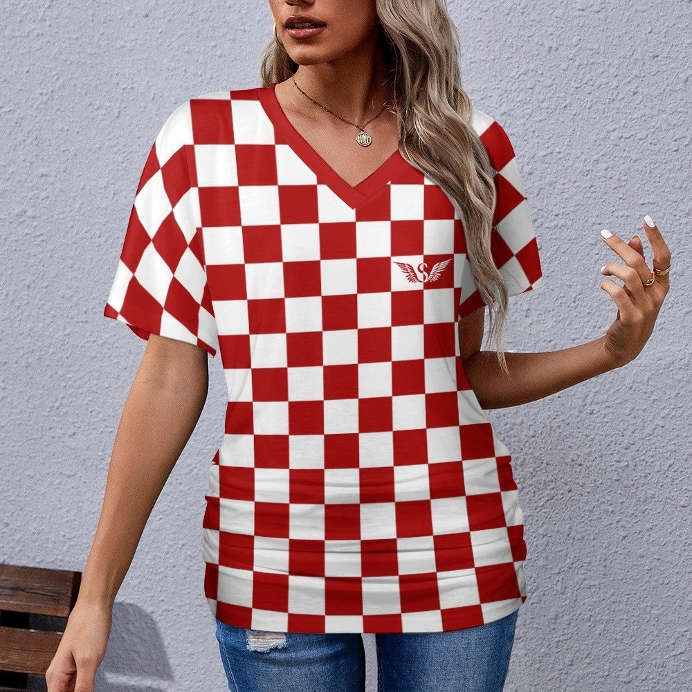 V-neck pleated T-shirt Designed in Croatian Checkered Style | Croatian Gift | Croatian Design Shirt | Checkered Shirt | Red and White Shirt