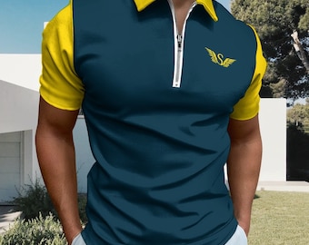 Men's Ceramic Blue and Gold Short Sleeve Polo Shirt | Fashionable Polo Shirt With Zipper | Mens Urban Fashion Polo Shirt | Zipper Polo Shirt