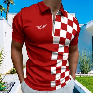 Men's Short Sleeve Zipper Polo Shirt in Croatian Checkered Style | Croatian Gift | Fashionable Polo Shirt With Zipper | Zipper Polo Shirt