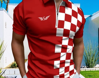 Herren Kurzarm-Reißverschluss-Poloshirt im kroatischen Karostil | Kroatisch Geschenk | Modisches Polo-Shirt mit Reißverschluss | Reißverschluss-Polo-Shirt