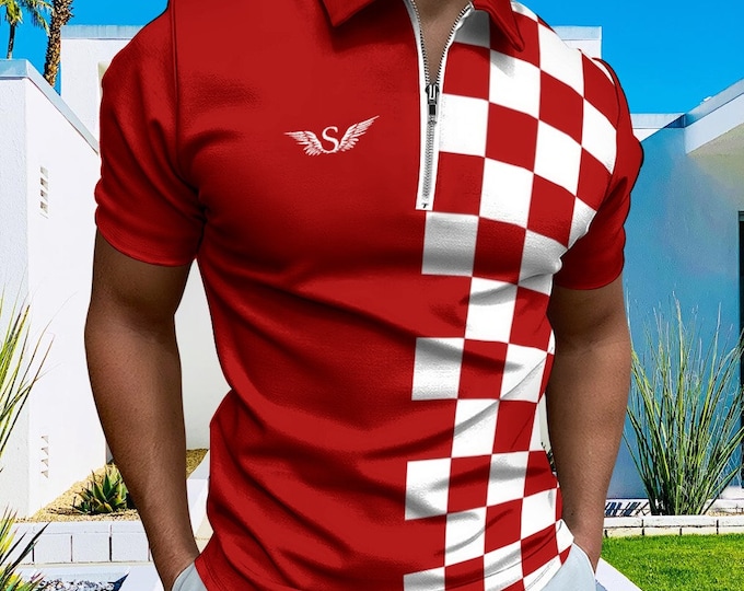 Featured listing image: Men's Short Sleeve Zipper Polo Shirt in Croatian Checkered Style | Croatian Gift | Fashionable Polo Shirt With Zipper | Zipper Polo Shirt