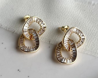 Gold earrings, sparkling cubic zirconia stones, shiny stainless steel stud earrings, elegant hanging earrings, bridal jewelry, wedding
