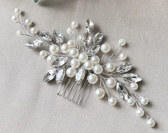 Bridal hair accessories, hair comb, pearls and rhinestones, silver, white, wedding, high-quality bridal hair accessories, bridesmaid jewelry