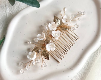 Peineta de novia, oro y blanco, flores y perlas de cerámica, accesorios para el cabello de boda, accesorios para el cabello de novia, dama de honor, cabello, joyería