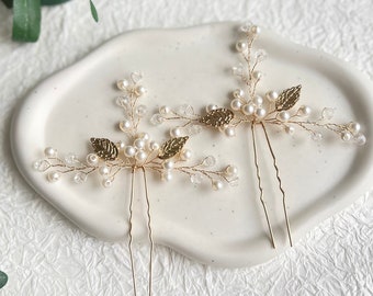 Accessori per capelli da sposa, set di 2, fermagli per capelli, oro e bianco, perle, foglie, accessori per capelli da sposa, gioielli da sposa, forcine per capelli, gioielli da sposa