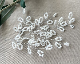 Bridal hair accessories, silver jewelry wire, white pearls, leaves, wedding side jewelry, headpiece, high-quality bridal hair jewelry