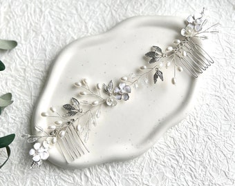 Accessoires pour cheveux de mariée, argent avec perles, feuilles délicates, bijoux de mariée, fleurs de peigne à cheveux, fleurs blanches, vrille de cheveux, vigne de cheveux, bijoux de mariage