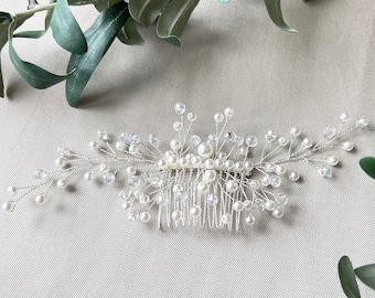 Bridal hair accessories, hair comb, pearls white and transparent, bridal jewelry, silver bridal jewelry, bridal hairstyle, wedding, hairpin