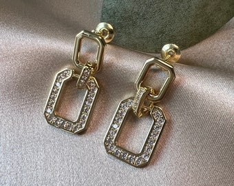 Earrings, gold, sparkling cubic zirconia stones, stainless steel, hanging earrings, earrings, rectangular stud earrings, women's jewelry