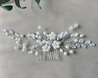 Braut Haarschmuck, Haarkamm, Perlen, silber, Blumen, Hochzeit, hochwertiger Brauthaarschmuck