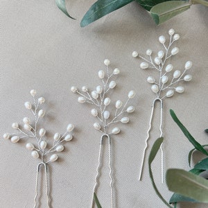 Bridal hair accessories set of 3 silver hair clips with white pearls hairpins bridal jewelry wedding jewelry bridesmaid maid of honor wedding image 1