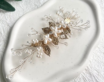 Accessori per capelli da sposa, oro con perle bianche, fiori e foglie, fermaglio per capelli, matrimonio, gioielli da sposa, gioielli floreali sposa