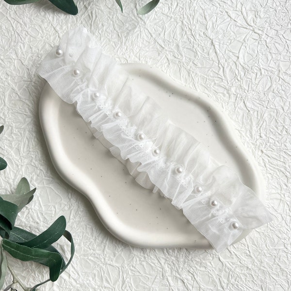 Jarretière, Tulle Doux, Blanc avec Perles, Bijoux de Mariée, Accessoires de Mariée, Accessoires de Mariage, Accessoire de Mariée, Élégant, Bijoux de Jambe