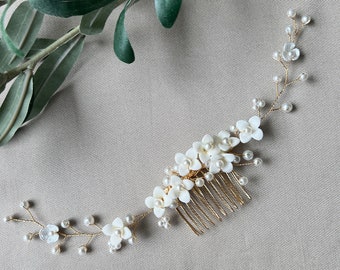 Bridal hair accessories, hair comb, pearls, gold, white flowers, wedding jewelry flowers, high-quality bridal hair jewelry