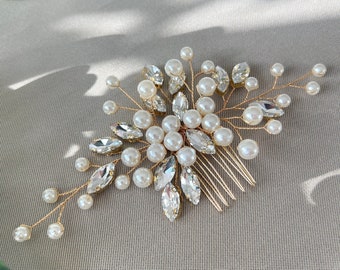 Bridal hair accessories, hair comb, pearls and rhinestones, gold, white, wedding, high-quality bridal hair jewelry, bridesmaid jewelry, maid of honor