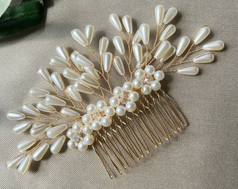 Bridal hair accessories, hair comb, white pearls, gold, flowers, wedding jewelry, high-quality bridal hair jewelry, bridal jewelry