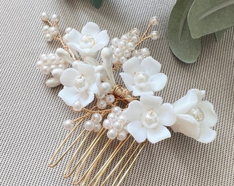 Joyas para el cabello con flores de cerámica blanca, oro rosa dorado, perlas, peineta para el cabello, joyas para el cabello, joyas para novias, dama de honor, joyas para damas de honor