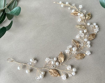 Braut Haarschmuck, gold mit Perlen, Blumen und Blätter, Hochzeit, Brautschmuck, Hochzeitshaarband, Haarkranz, Haarranke, floraler Schmuck