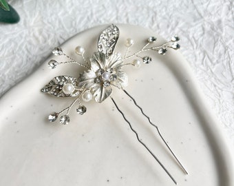 Bridal hair accessories, hair comb, rose gold or silver, white pearls, flower, rhinestones, hair clip, wedding jewelry, high-quality bridal hair accessories