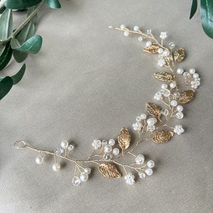 Bridal hair accessories, gold with pearls, flowers and leaves, wedding, bridal jewelry, wedding hair band, hair wreath, hair vine, floral jewelry