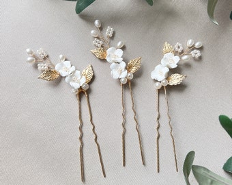 Set di fermagli per capelli 3 pezzi da sposa in oro con perle bianche, fiori, foglie, gioielli da sposa, accessori per capelli da sposa, forcine per damigelle, gioielli da sposa