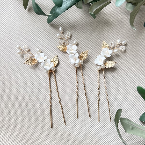 Hair clip set 3 pieces bridal gold with white pearls flowers leaves bridal jewelry bridal hair accessories bridesmaids hairpin wedding jewelry